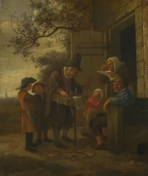 Framed Print : A Pedlar selling Spectacles outside a Cottage, c. 1653. Artist: Steen, Jan Havicksz (1626-1679) Framed Print : A Pedlar selling Spectacles outside a Cottage, c. 1653. Artist: Steen, Jan Havicksz (1626-1679)