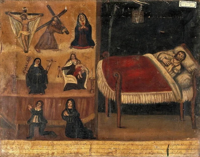 Framed Print : Pedro Diaz Platas with a broken arm (?), his wife (?) and son praying for him after an...1861. Creator: Unknown Framed Print : Pedro Diaz Platas with a broken arm (?), his wife (?) and son praying for him after an...1861. Creator: Unknown