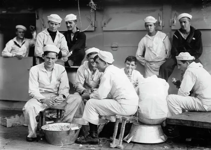 Framed Print : Peeling potatoes on USS Arkansas, between c1910 and c1915. Creator: Bain News Service Framed Print : Peeling potatoes on USS Arkansas, between c1910 and c1915. Creator: Bain News Service