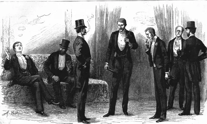 Framed Print : A Peep into the Smoking- Room at the Theatre, 1890. Creator: Unknown Framed Print : A Peep into the Smoking- Room at the Theatre, 1890. Creator: Unknown