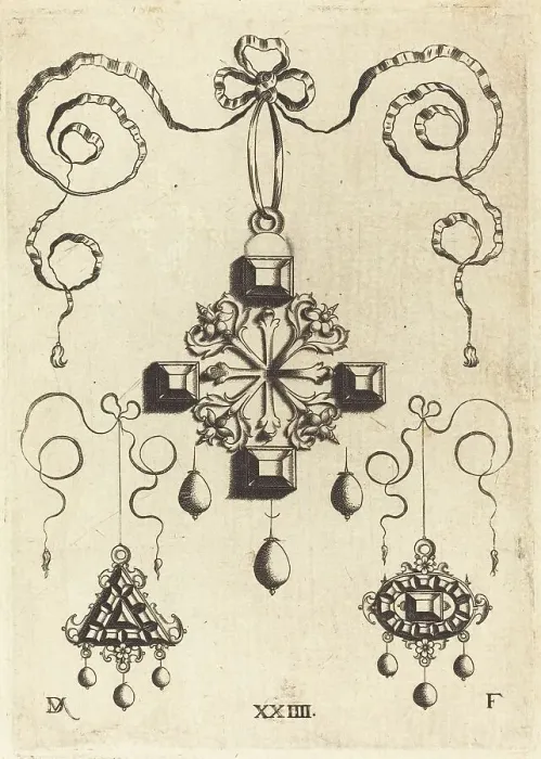 Framed Print : Pendant with Double Cross at Centre, Surrounded by Four Large Table-Stones. Creator: Daniel Mignot Framed Print : Pendant with Double Cross at Centre, Surrounded by Four Large Table-Stones. Creator: Daniel Mignot