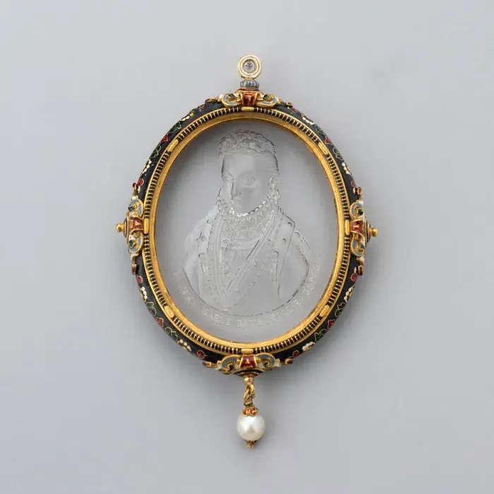 Framed Print : Pendant with Intaglio Portrait of Anna of Austria in Enameled Frame, France Framed Print : Pendant with Intaglio Portrait of Anna of Austria in Enameled Frame, France