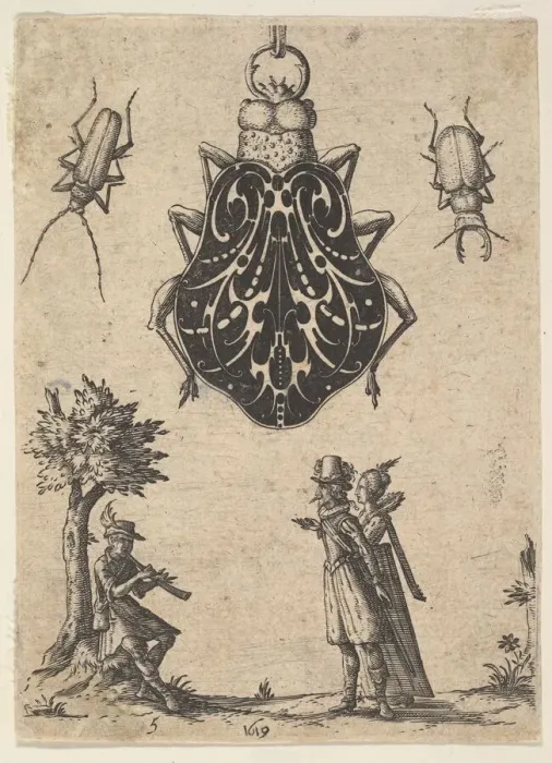 Framed Print : Pendant Shaped like a Beetle with a Couple and a Young Man Playing an Instrument, 1619 Framed Print : Pendant Shaped like a Beetle with a Couple and a Young Man Playing an Instrument, 1619