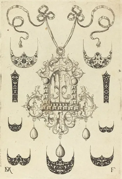 Framed Print : Pendant Surrounded by Seven Shields and Two Ornamental Bands, 1593. Creator: Daniel Mignot Framed Print : Pendant Surrounded by Seven Shields and Two Ornamental Bands, 1593. Creator: Daniel Mignot
