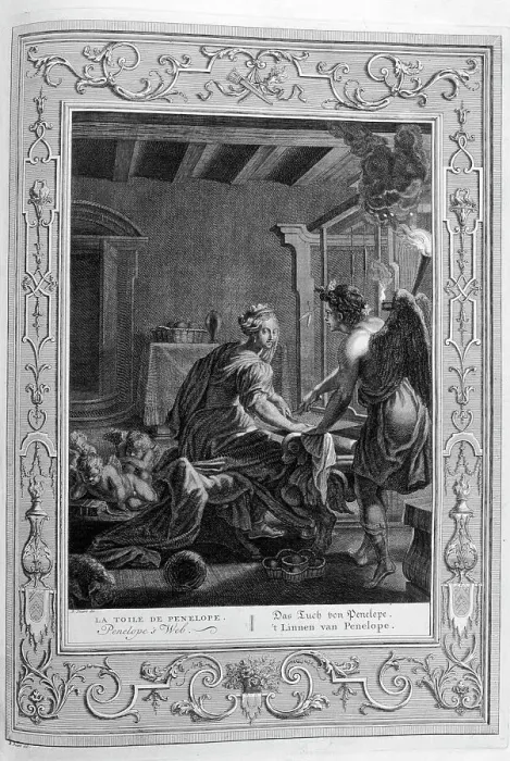 Framed Print : Penelope at Her Loom, 1733. Artist: Bernard Picart Framed Print : Penelope at Her Loom, 1733. Artist: Bernard Picart