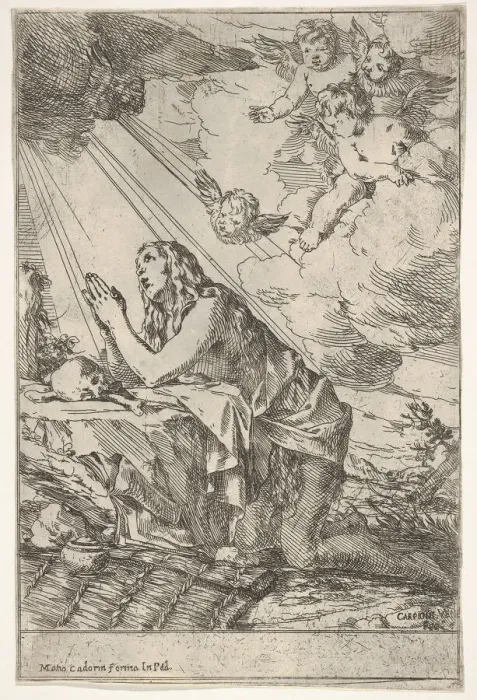 Framed Print : Penitent Magdalen kneeling on a rocky ground before a skull and bones, an ointment Framed Print : Penitent Magdalen kneeling on a rocky ground before a skull and bones, an ointment