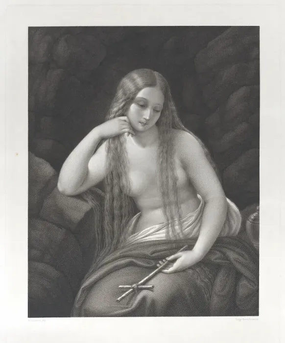 Framed Print : The penitent Mary Magdalene in the wilderness, holding a cross in her left hand, 1830-83. Creators: Luigi Boscolo, Niccolò Schiavonetti Framed Print : The penitent Mary Magdalene in the wilderness, holding a cross in her left hand, 1830-83. Creators: Luigi Boscolo, Niccolò Schiavonetti