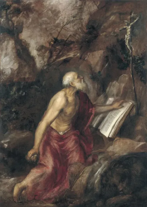 Framed Print : The penitent Saint Jerome. Artist: Titian (1488-1576) Framed Print : The penitent Saint Jerome. Artist: Titian (1488-1576)