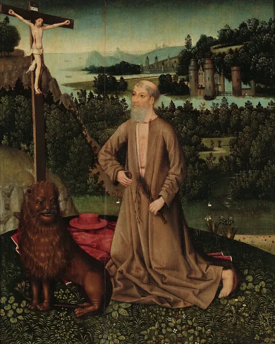 Framed Print : The penitent Saint Jerome, c1450. Creator: Master of the Legend of Saint Lucy (active 1435-1510) Framed Print : The penitent Saint Jerome, c1450. Creator: Master of the Legend of Saint Lucy (active 1435-1510)