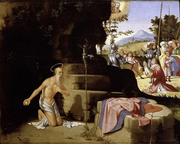 The penitent Saint Jerome in the desert and The Stoning of Saint Stephen, ca 1526. Creator: Previtali, Andrea (ca 1480-1528)