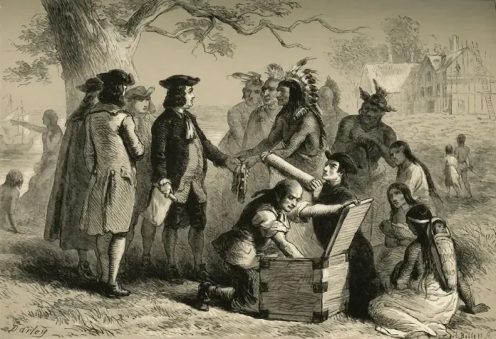 Framed Print : Penns Treaty with the Indians, (1877). Creator: Albert Bobbett Framed Print : Penns Treaty with the Indians, (1877). Creator: Albert Bobbett