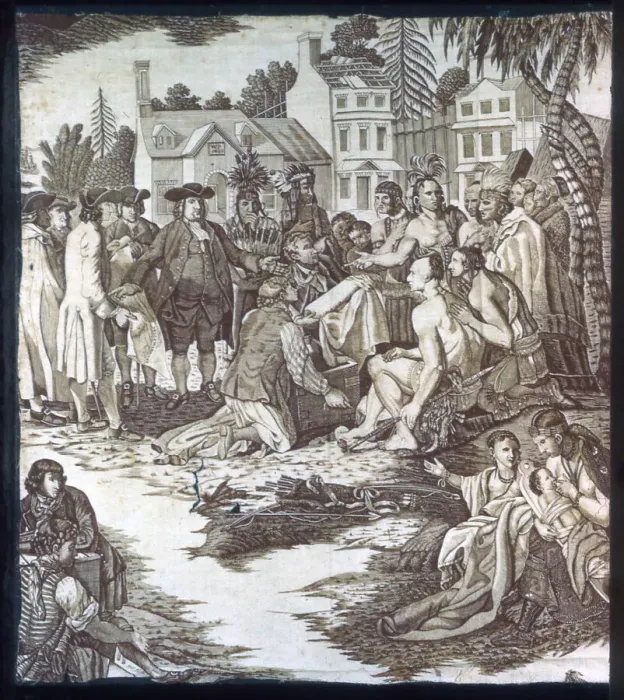 Framed Print : Penns Treaty with the Indians (Furnishing Fabric), London, c. 1785. Creator: Unknown Framed Print : Penns Treaty with the Indians (Furnishing Fabric), London, c. 1785. Creator: Unknown