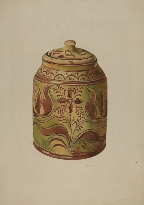Framed Print : Pennsylvania German Covered Jar, c. 1939. Creator: Henry Moran Framed Print : Pennsylvania German Covered Jar, c. 1939. Creator: Henry Moran