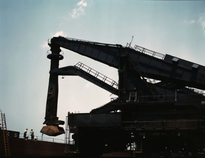 Framed Print : Pennsylvania R.R. ore docks, unloading iron ore from a lake freighter... Cleveland, Ohio, 1943. Creator: Jack Delano Framed Print : Pennsylvania R.R. ore docks, unloading iron ore from a lake freighter... Cleveland, Ohio, 1943. Creator: Jack Delano