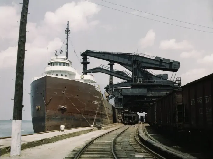 Framed Print : Pennsylvania R.R. ore docks, unloading iron ore from a lake freighter... Cleveland, Ohio, 1943. Creator: Jack Delano Framed Print : Pennsylvania R.R. ore docks, unloading iron ore from a lake freighter... Cleveland, Ohio, 1943. Creator: Jack Delano