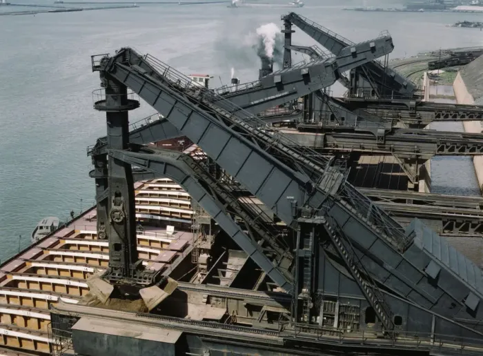 Framed Print : Pennsylvania R.R. ore docks, unloading iron ore from a lake freighter... Cleveland, Ohio, 1943. Creator: Jack Delano Framed Print : Pennsylvania R.R. ore docks, unloading iron ore from a lake freighter... Cleveland, Ohio, 1943. Creator: Jack Delano
