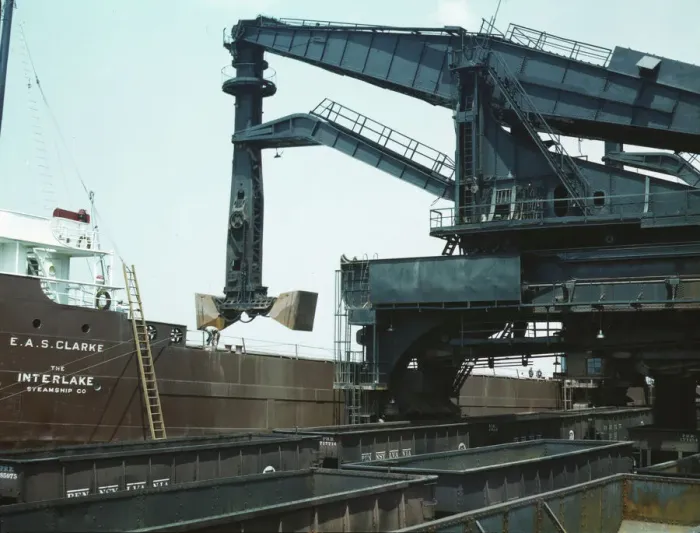 Framed Print : Pennsylvania R.R. ore docks, unloading ore from a lake freighter... Cleveland, Ohio, 1943. Creator: Jack Delano
