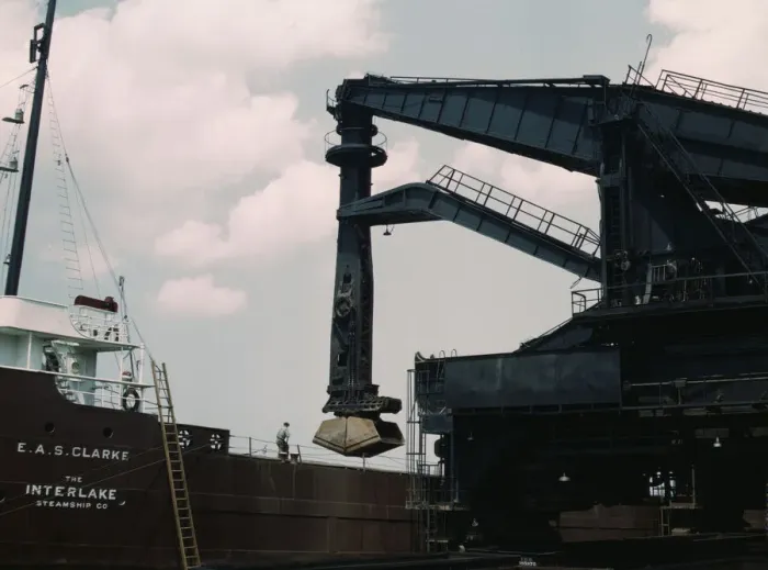 Framed Print : Pennsylvania R.R. ore docks, unloading ore from a lake freighter by means... Cleveland, Ohio, 1943. Creator: Jack Delano Framed Print : Pennsylvania R.R. ore docks, unloading ore from a lake freighter by means... Cleveland, Ohio, 1943. Creator: Jack Delano
