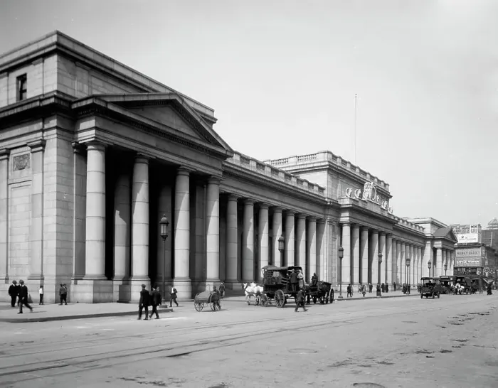 Framed Print : Pennsylvania Station, New York, east facade, c.between 1910 and 1920. Creator: Unknown Framed Print : Pennsylvania Station, New York, east facade, c.between 1910 and 1920. Creator: Unknown