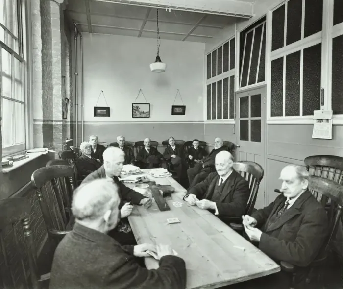 Framed Print : Pensioners playing cards in the Mens Day Room, Lambeth Home for Aged Poor, London, 1935 Framed Print : Pensioners playing cards in the Mens Day Room, Lambeth Home for Aged Poor, London, 1935