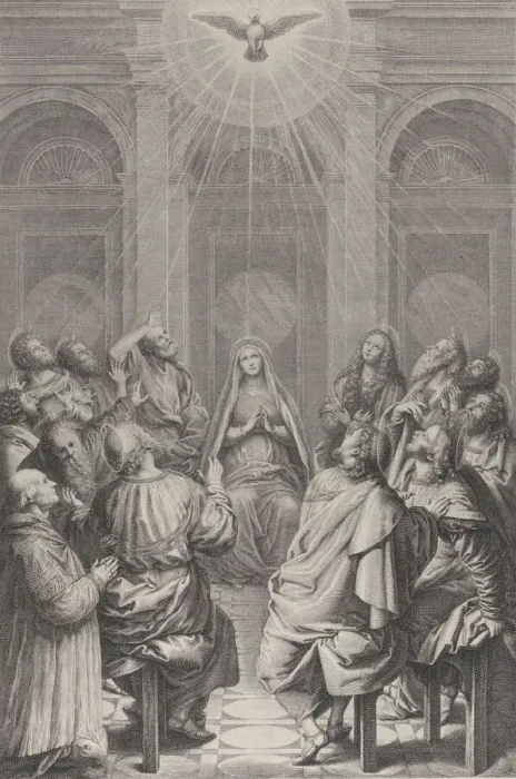 Framed Print : The Pentecost, with the Apostles and the Virgin sitting in a circle, the Holy Spirit ap Framed Print : The Pentecost, with the Apostles and the Virgin sitting in a circle, the Holy Spirit ap