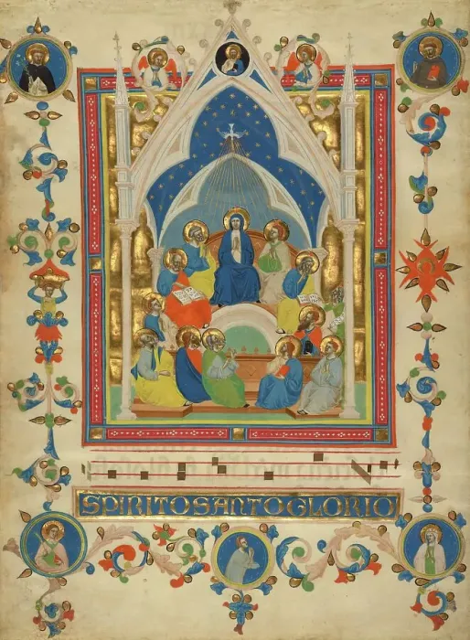 Framed Print : Pentecost; Leaf from the Laudario of Sant Agnese, about 1340. Creator: Master of the Dominican Effigies Framed Print : Pentecost; Leaf from the Laudario of Sant Agnese, about 1340. Creator: Master of the Dominican Effigies