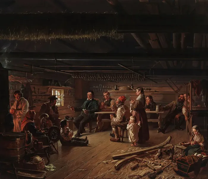 Framed Print : Pentti Lyytinen Recites Poems in a Cottage in Savo, 1848. Creator: Robert Wilhelm Ekman Framed Print : Pentti Lyytinen Recites Poems in a Cottage in Savo, 1848. Creator: Robert Wilhelm Ekman