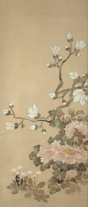Framed Print : Peonies, Magnolia, and Dandelions, 18th century. Creator: School of Tawaraya Sotatsu Framed Print : Peonies, Magnolia, and Dandelions, 18th century. Creator: School of Tawaraya Sotatsu