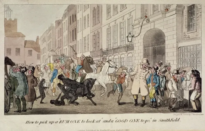 Framed Print : People bargaining for mounts at West Smithfield, London, 1825. Artist: Theodore Lane Framed Print : People bargaining for mounts at West Smithfield, London, 1825. Artist: Theodore Lane