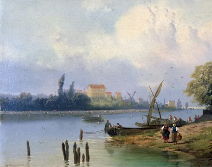 Framed Print : People by the Boats in Holland, c1835-1882. Artist: Hermanus Koekkoek Framed Print : People by the Boats in Holland, c1835-1882. Artist: Hermanus Koekkoek