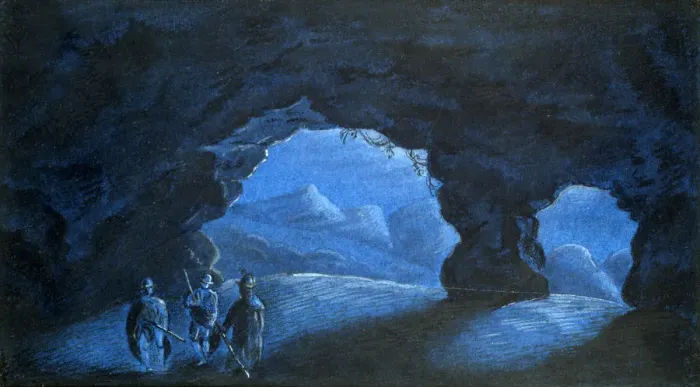 Framed Print : Three People in a Cave in the Mountains, 1825. Artist: George Sand Framed Print : Three People in a Cave in the Mountains, 1825. Artist: George Sand