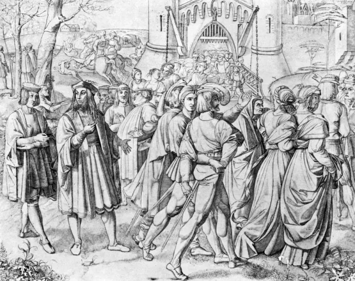 Framed Print : People at the entrance to a city, c19th century (1931) Framed Print : People at the entrance to a city, c19th century (1931)
