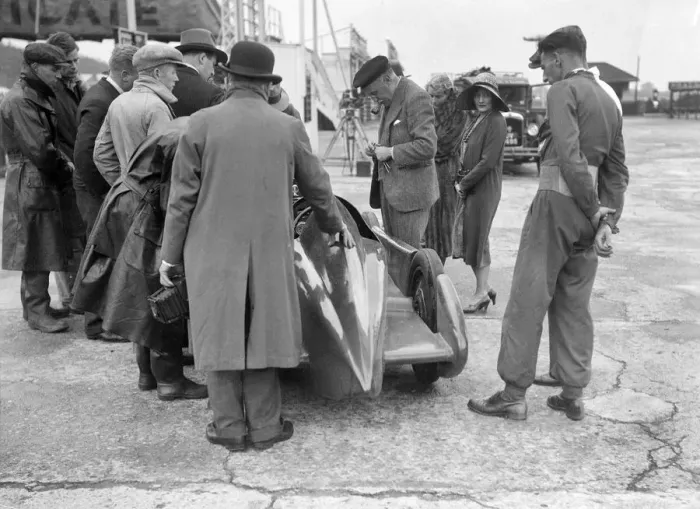 Framed Print : People examining Leon Cushmans Austin 7 racer at Brooklands for a speed record attempt, 1931