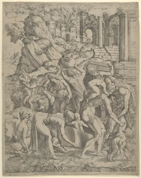 Framed Print : People Fleeing a Burning City, 16th century. 16th century. Creator: Anon Framed Print : People Fleeing a Burning City, 16th century. 16th century. Creator: Anon