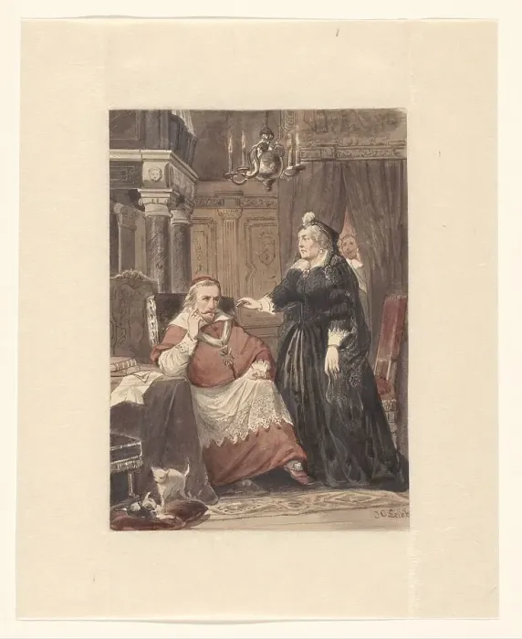 Framed Print : Two people in an interior, possibly Maria de Medici and Cardinal de Richelieu, 1833-1890. Creator: Johan Coenraad Leich Framed Print : Two people in an interior, possibly Maria de Medici and Cardinal de Richelieu, 1833-1890. Creator: Johan Coenraad Leich