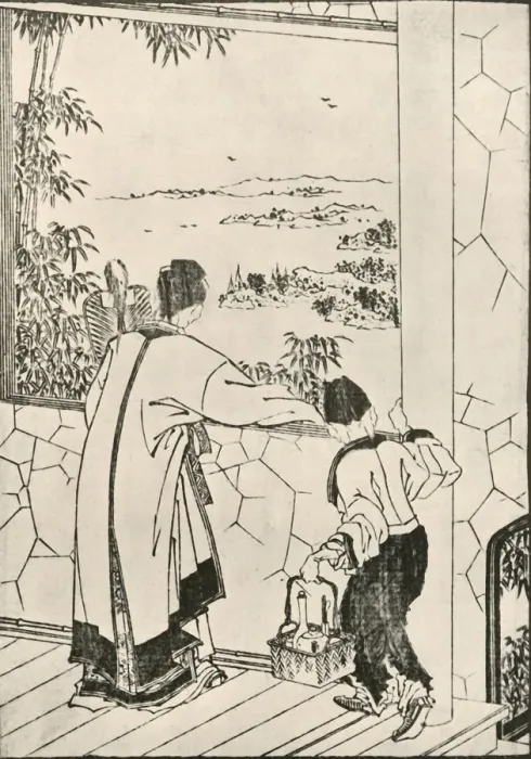 Framed Print : People looking out of a window, late 18th-early 19th century, (1924). Creator: Hokusai Framed Print : People looking out of a window, late 18th-early 19th century, (1924). Creator: Hokusai