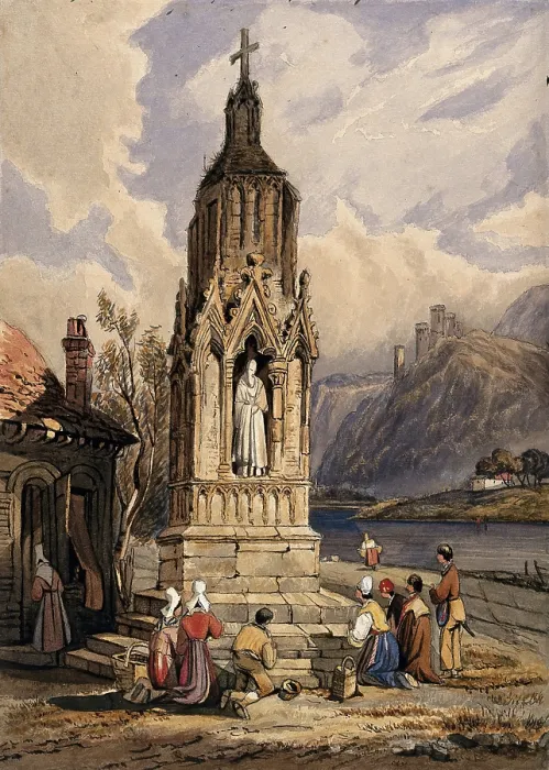Framed Print : People near a river praying before the figure of a saint on a memorial cross. Creator: Unknown Framed Print : People near a river praying before the figure of a saint on a memorial cross. Creator: Unknown
