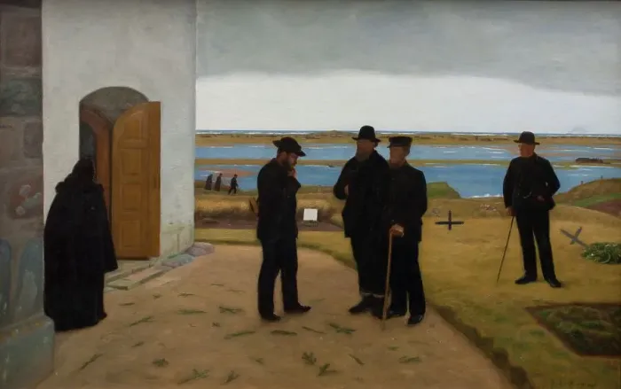 Framed Print : People outside a church, Harboore, Jutland, 1906. Creator: Niels Bjerre Framed Print : People outside a church, Harboore, Jutland, 1906. Creator: Niels Bjerre