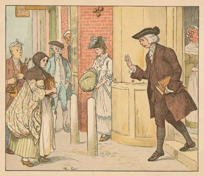 Framed Print : People outside a pawn shop, c1885, (1934). Creator: Randolph Caldecott Framed Print : People outside a pawn shop, c1885, (1934). Creator: Randolph Caldecott