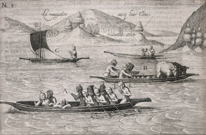 Framed Print : People paddling a canoe, 1605. Creator: Unknown Framed Print : People paddling a canoe, 1605. Creator: Unknown