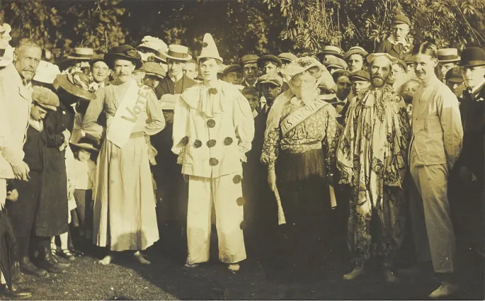 Framed Print : People at Rickmansworth, Herts, some in drag, gather outside at a swimmming gala, 1908. Creator: Unknown Framed Print : People at Rickmansworth, Herts, some in drag, gather outside at a swimmming gala, 1908. Creator: Unknown