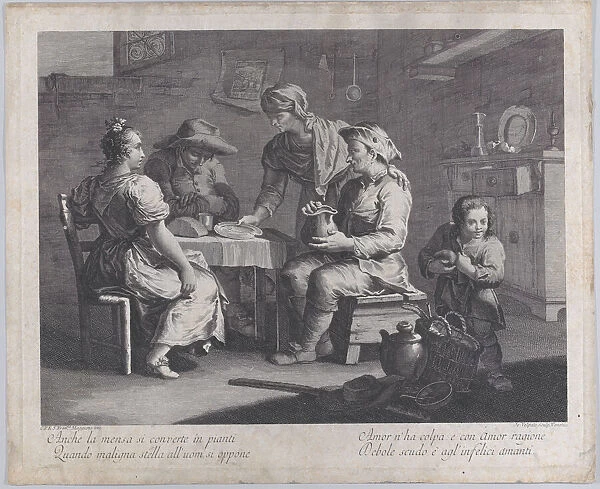 Three people seated around a table at left as a man brings an empty plate... 1760-70