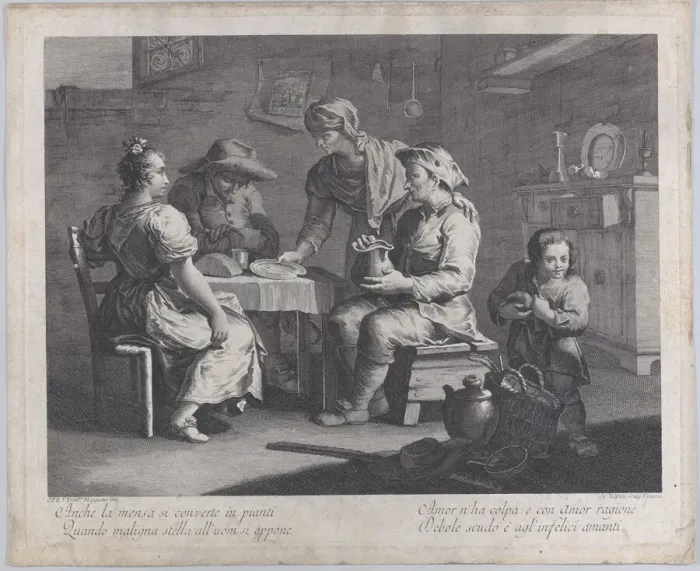 Framed Print : Three people seated around a table at left as a man brings an empty plate... 1760-70 Framed Print : Three people seated around a table at left as a man brings an empty plate... 1760-70