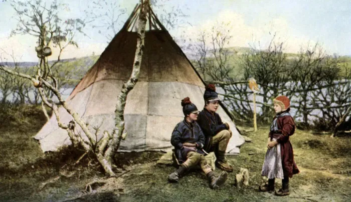 Framed Print : People with a traditional tent, Lapland, Sweden, c1923 Framed Print : People with a traditional tent, Lapland, Sweden, c1923