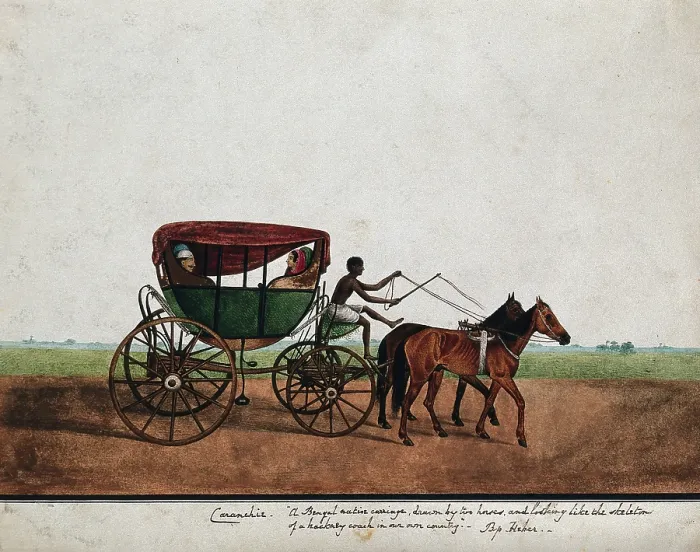 Framed Print : Four people travelling in a carriage drawn by two horses, (between 1800 and 1899?). Creator: Unknown Framed Print : Four people travelling in a carriage drawn by two horses, (between 1800 and 1899?). Creator: Unknown