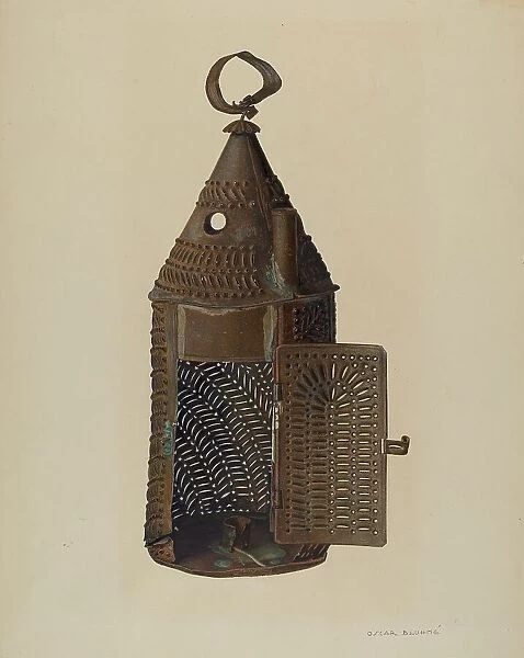 Perforated Tin Lantern, c. 1940. Creator: Oscar Bluhme