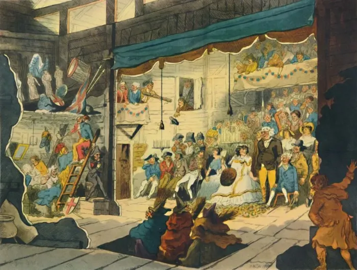 Framed Print : A Performance at a Country Barn Theatre, c1780s, (1948). Creator: WR Pyne Framed Print : A Performance at a Country Barn Theatre, c1780s, (1948). Creator: WR Pyne