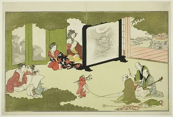 Performance of a Trained Monkey, from an illustrated poetry anthology entitled 'The Young... 1789. Creator: Kitagawa Utamaro. Performance of a Trained Monkey, from an illustrated poetry anthology entitled 'The Young... 1789