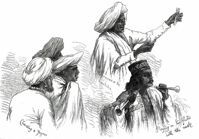Framed Print : Performers at the Villa of Belgatchia, Calcutta, from a sketch by one of our special artists, 1876. Creator: Unknown Framed Print : Performers at the Villa of Belgatchia, Calcutta, from a sketch by one of our special artists, 1876. Creator: Unknown