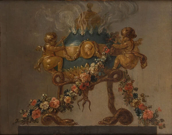 Perfume-burner supported by amorini and serpents and garlanded with flowers, 18th century
